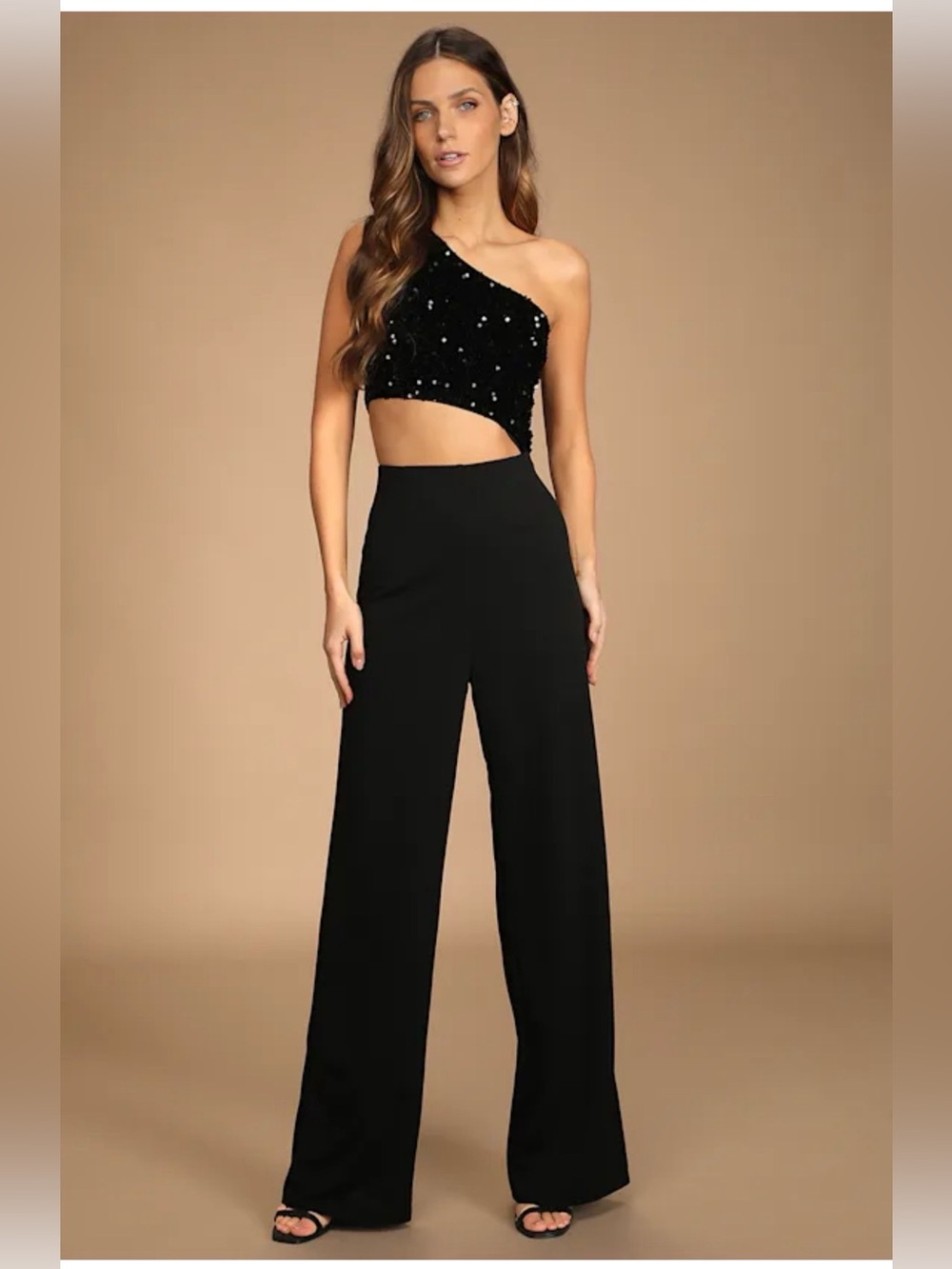 Feel the Glow Black Sequin One-Shoulder Cutout Jumpsuit
